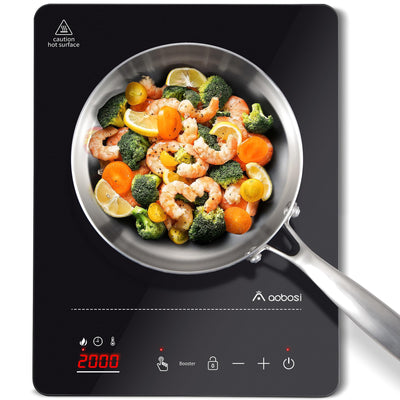 Aobosi Induktionskochplatte,Induktionskochfeld 1 Platte, 10 Leistungsstufen und 10 Temperaturstufen,Kompakte Größe,2000W Tragbares Induktionskochfeld,LED Display,3H-Timer,Booster-Funktion