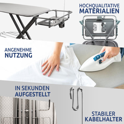 STAHLMANN ® XXL-Bügelbrett für Dampfbügelstation [130x48 Bügelfläche]– Bügeltisch [Made IN EU] – extra stabiles Bügelbrett – Bügelbrettbezug [100% Baumwolle]