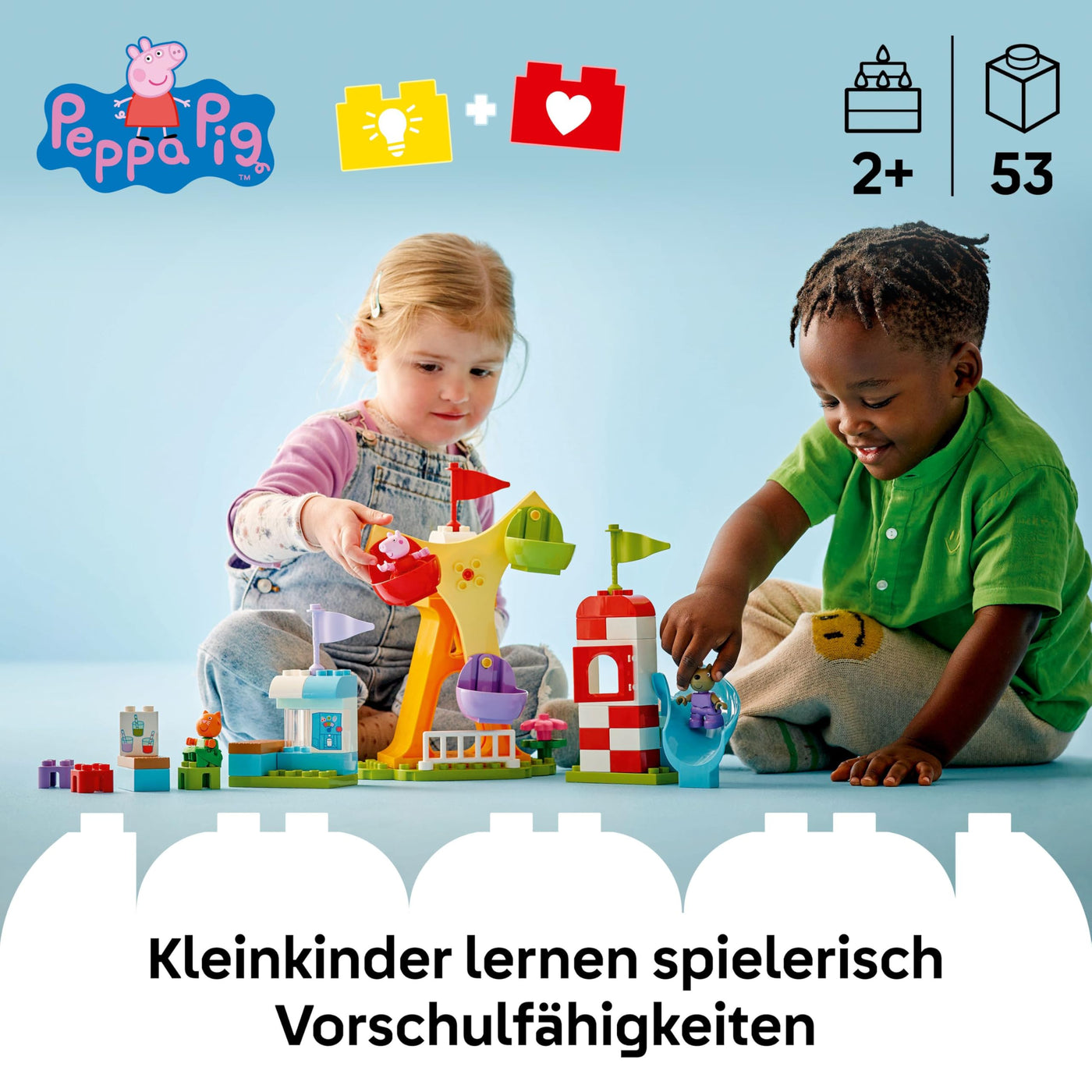 LEGO DUPLO Peppa Wutz Jahrmarkt - Montessori Spielzeug - Motorikspielzeug für Kinder ab 2 Jahren - Vorschule Spiele mit Riesenrad, Rutsche & 3 Figuren inkl. Mollie Mieze & Klausi Kläff 10453