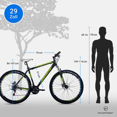 Bergsteiger Detroit 29 Zoll Mountainbike, geeignet ab 170 cm, Scheibenbremse, Shimano 21 Gang-Schaltung, Gabel-Federung mit Lockout-Funktion, Jungen-Fahrrad & Herren-Fahrrad
