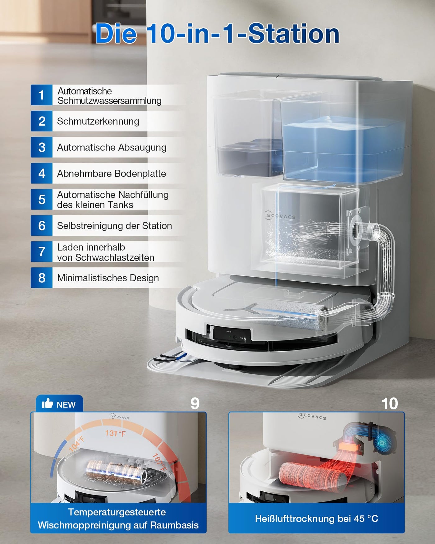 ECOVACS DEEBOT T80 OMNI Saugroboter mit Wischfunktion, 18.000 Pa, OZMO ROLLER Wischwalze mit kontinuierlicher Frischwasser-Selbstreinigung, ZeroTangle 3.0, Moppwäsche mit 40-75℃ heißem Wasser, Weiß