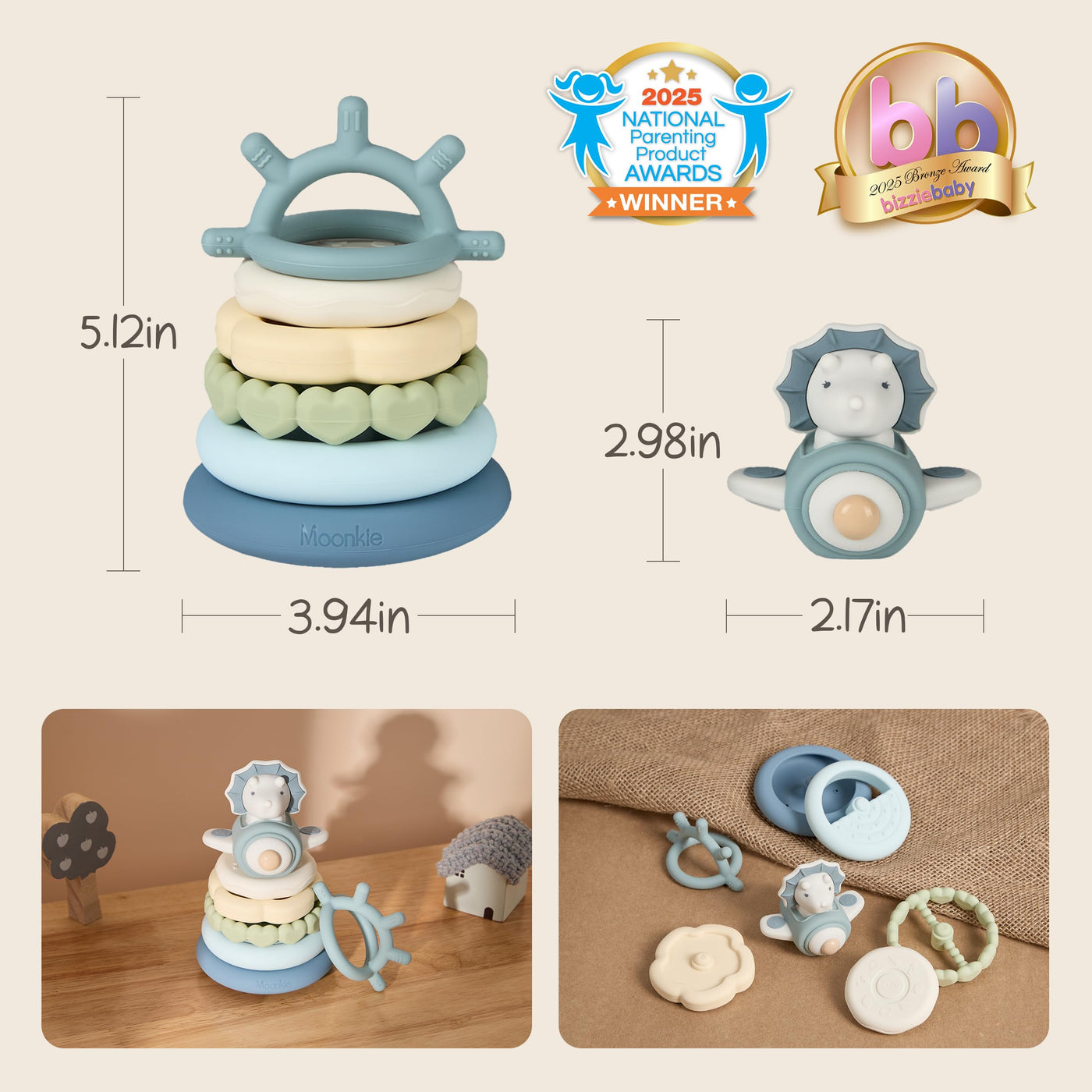 Moonkie Dinosaurier Stapelturm Baby, Silikon Spielzeug mit Ringen, Stapelspiel für Kleinkind Jungen ab 6 Monate 1 2 3 Jahr, Beißring Baby, Sensorik Montessori Spielzeug, 7 Teiliges Set, Babygeschenke