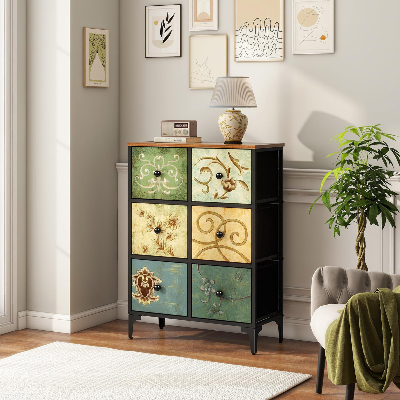 LYNCOHOME Kommode Schrank mit 6 Schubladen aus Stoff, Sideboard mit Stoffschubladen, Schubladenschrank für Küche Büro Flur, TV Schrank mit Stoff Schubladen