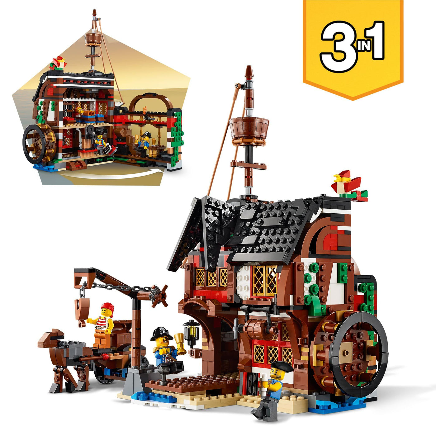 LEGO Creator 3-in-1 Piratenschiff Set, Spielzeug mit 3 Baumöglichkeiten, Baue in Piraten-Taverne oder Pirateninsel mit Totenkopf um, inklusive 3 Minifiguren für Rollenspiel-Abenteuer 31109