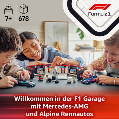 LEGO City F1 Garage mit Mercedes-AMG & Alpine Rennautos - Spielzeug Formel 1 Rennwagen mit 2 Rennfahrern & 4 Mechaniker Minifiguren - Geschenk für Jungen & Mädchen ab 7 Jahren und Fans 60444