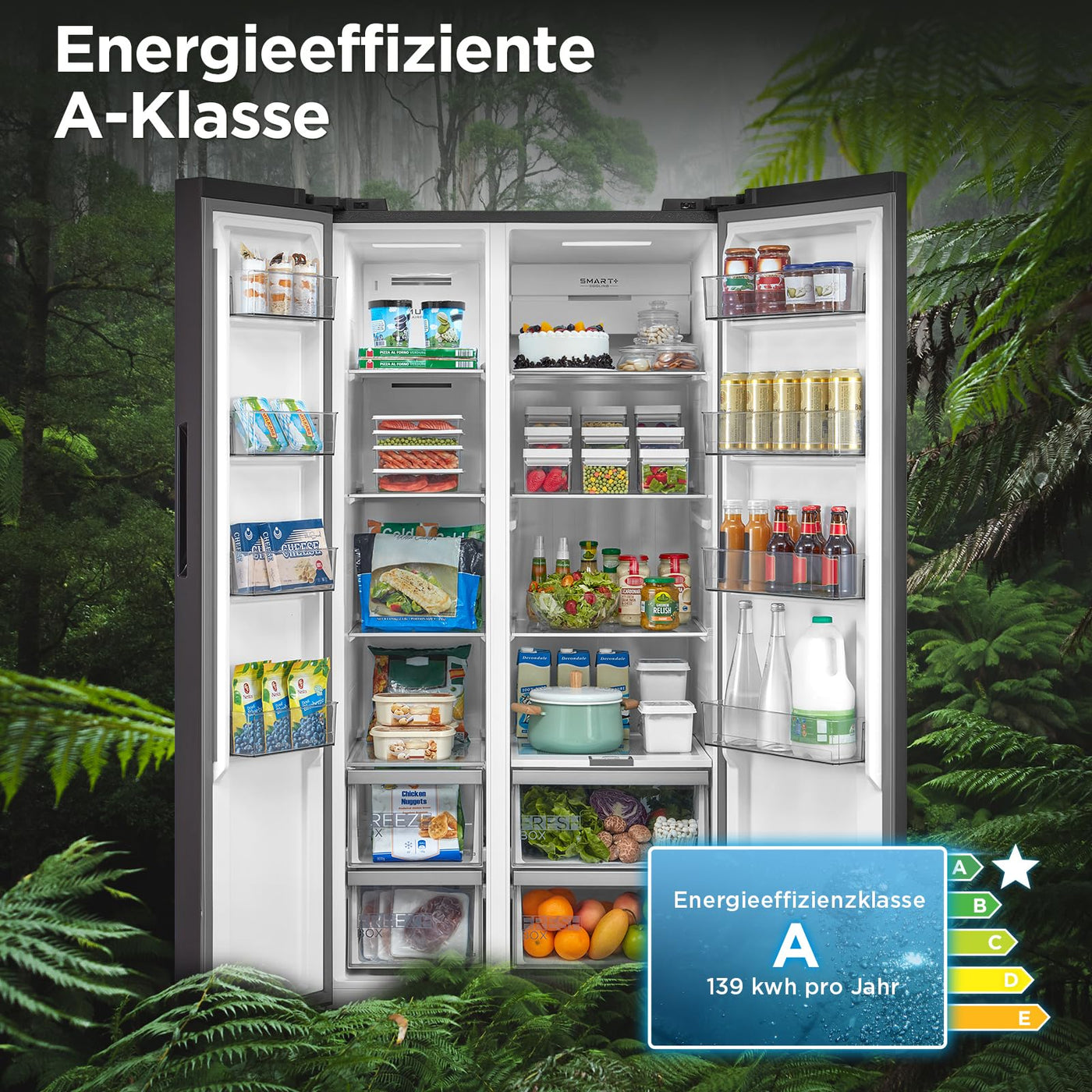 Midea MDRS791MYA46 Side-by-Side Kühl-/Gefrierkombination/No Frost/Inverter Compressor/176,5 cm hoch/379 L Kühlen/213 L Gefrieren/Doppelte Steuerung/SuperCool/LED-Beleuchtung/35dB/Rostfreier Stahl