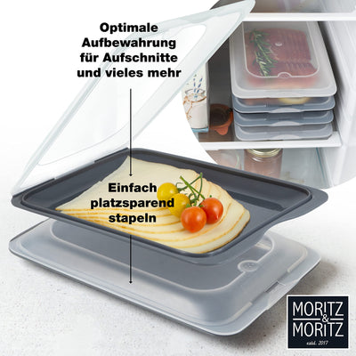 Moritz & Moritz 4er Set Aufschnittbox stapelbar – Frischhaltedosen mit Deckel zur Aufbewahrung von Wurst, Käse, uvm. – inkl. Tafelsticker zum Beschriften
