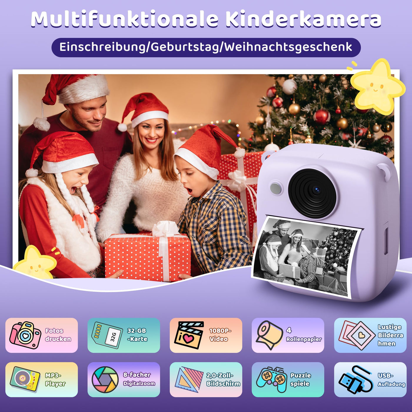 Kinderkamera Sofortbildkamera, Kinder Kamera mit 32GB Karte & 4 Bände Druckpapier, 48MP Sofortbildkamera Kinder mit 1080P Digitalkamera für Kinder, Geschenke für Mädchen und Jungen von 3 bis 12 Jahre