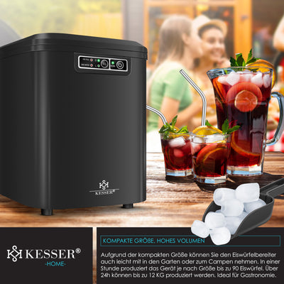 KESSER® Eiswürfelbereiter | Eiswürfelmaschine Edelstahl | Ice Maker | 12 kg 24 h | Zubereitung in 7 min | 2,2 Liter Wassertank | 2 Eiswürfel-Größen | LED-Display | Selbstreinigungsfunktion | Schwarz