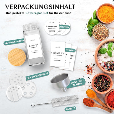 EDELHAUS Gewürzgläser Eckig Set mit Holzdeckel (24 x 120ml) Gewürzstreuer mit Streueinsatz und 240 Etiketten Weiß - Bambusdeckel Gewürzbehälter, Gewürzdosen, Gewürze organizer [10,7cm x 4,5cm]