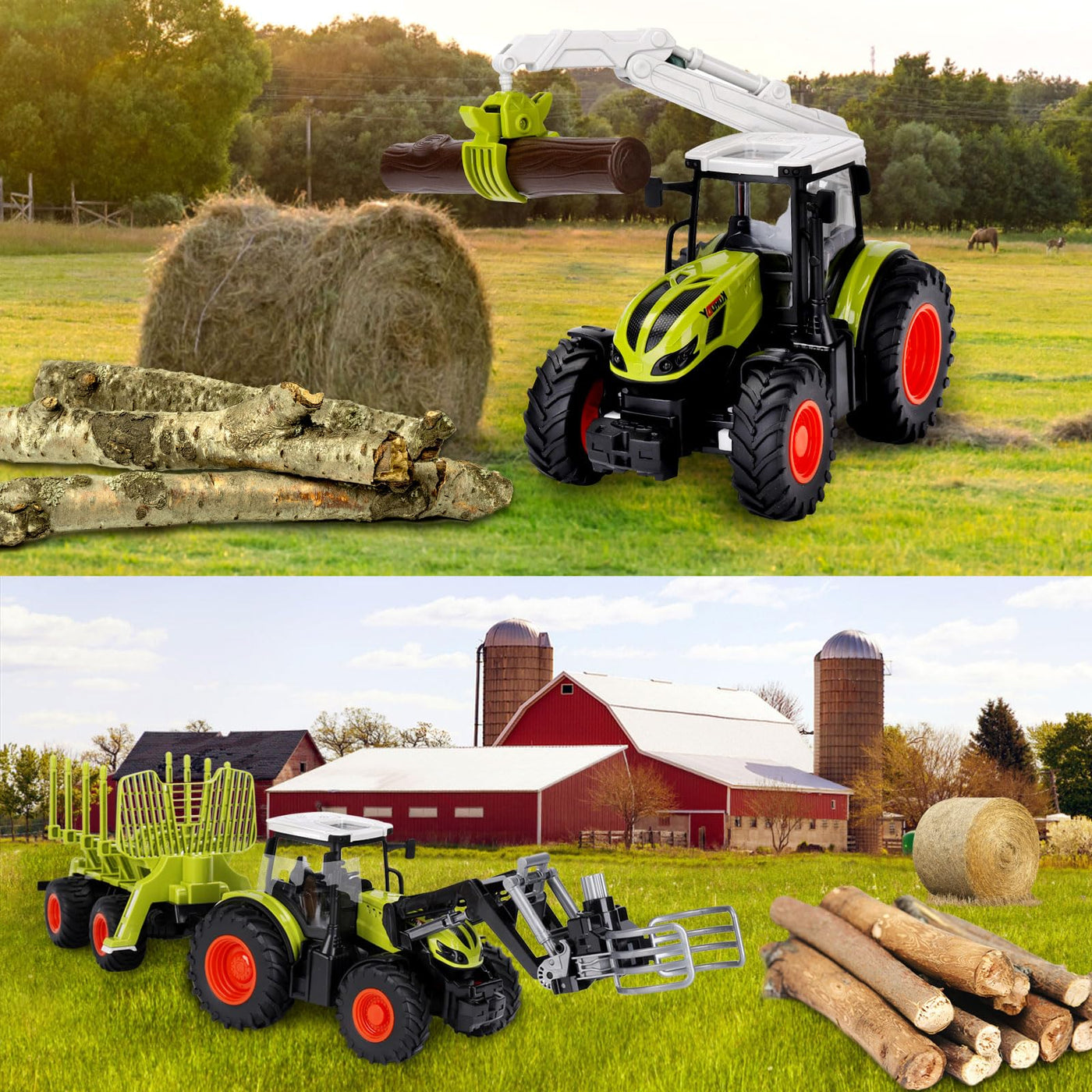 IEEILULU Ferngesteuerter Traktor Ferngesteuert, RC Traktor Spielzeug, 2.4 Ghz, 1:24, Traktor mit Anhänger, Holzgreifer, Frontlader und 4 Baumstämmen, Holztransporter Spielzeug ab 3 4 5 6 Jahre