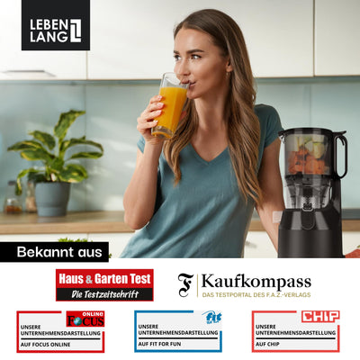 LEBENLANG Entsafter Slow Juicer - Inkl. Rezeptbuch & Große 130mm Öffnung I Perfekt für Obst ganze Früchte und Gemüse 100% BPA-Frei I Best Juicer Machine Saftpresse elektrisch Masticating Green Press