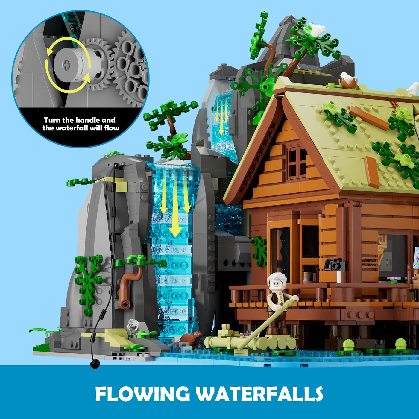 Lumibricks Waterfall Cabin Bauset mit Licht – 2539 Teile Retro Holzhaus mit beweglichem Wasserfall & Naturkulisse, Sammlerstück für Erwachsene