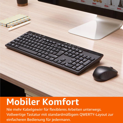 Amazon Basics – Tastatur-Maus-Set, volle Größe, kabellos, USB-Empfänger mit 2,4 GHz, DE-Layout, schwarz