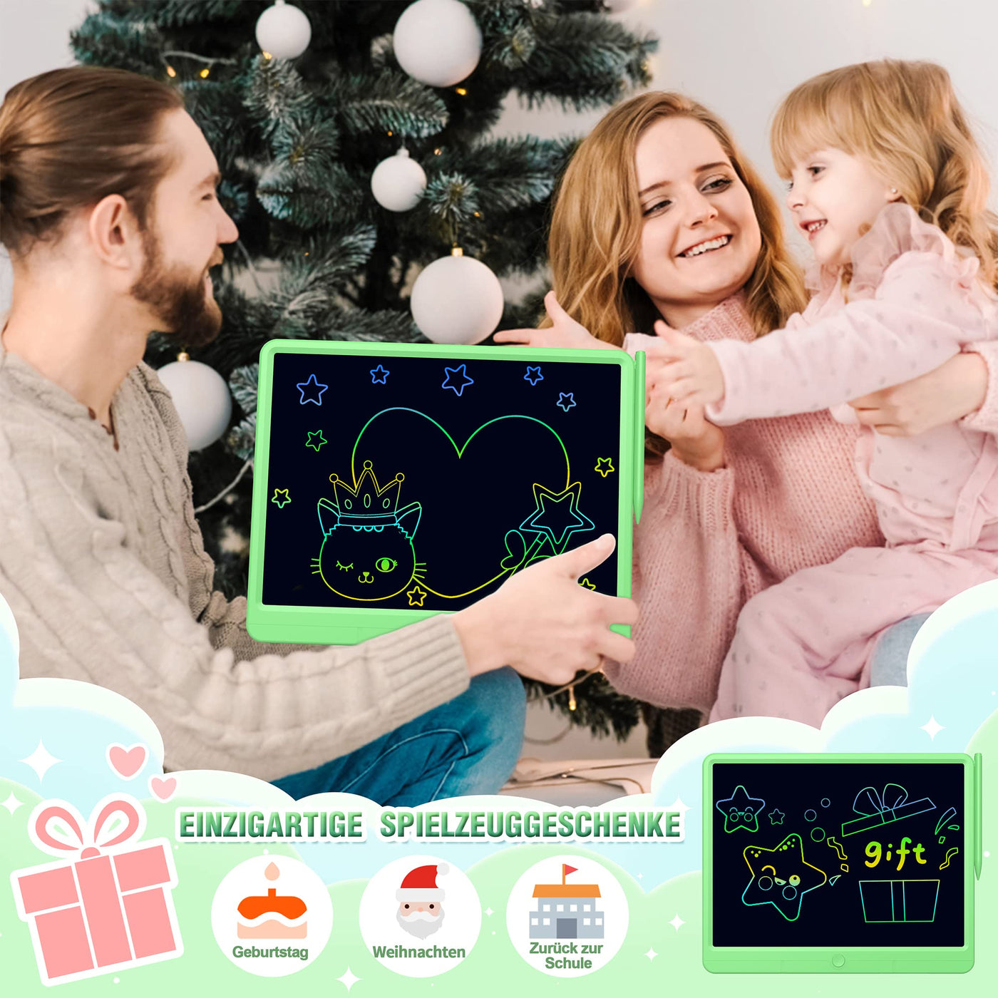 TUGAU LCD Schreibtafel Kinder Erwachsene, Löschbarer Maltafel Zaubertafel kinder 15 Zoll Zeichenbrett Geburtstag Weihnachts Geschenke Spielzeug für 3 4 5 6 7 8 Mädchen Jungen (Grün)