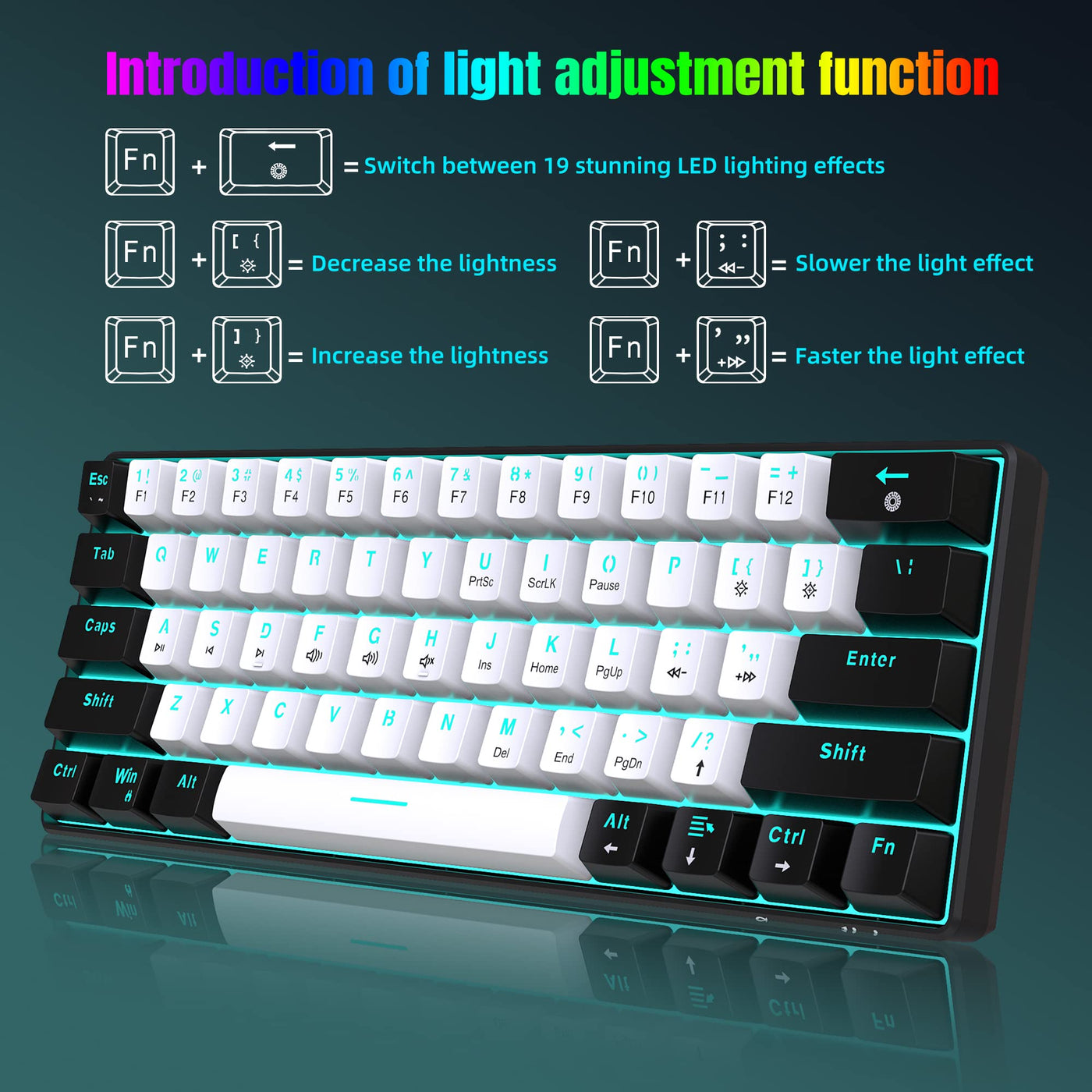 Snpurdiri 60% kabelgebundene mechanische Gaming-Tastatur, 61 Anti-Ghosting-Tasten, Blaue LED-Hintergrundbeleuchtung, ultrakompakte Zwei Ständer (Roter Schalter/Schwarz Weiß)