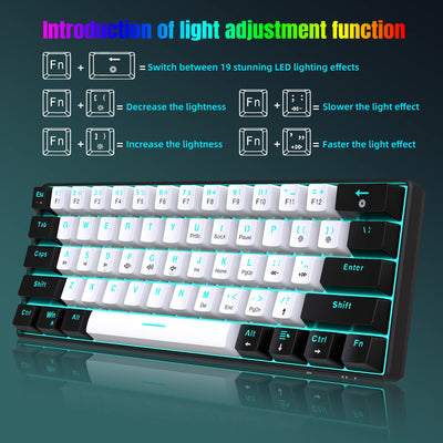 Snpurdiri 60% kabelgebundene mechanische Gaming-Tastatur, 61 Anti-Ghosting-Tasten, Blaue LED-Hintergrundbeleuchtung, ultrakompakte Zwei Ständer (Roter Schalter/Schwarz Weiß)