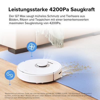 roborock Q7 Max Saugroboter mit Vollgummibürste, 4200Pa Saugkraft, Staubsauger Wischroboter PreciSense-LiDAR-Navigation & 3D Mapping, Teppiche, Tierhaare, App/Alexa (Weiß)