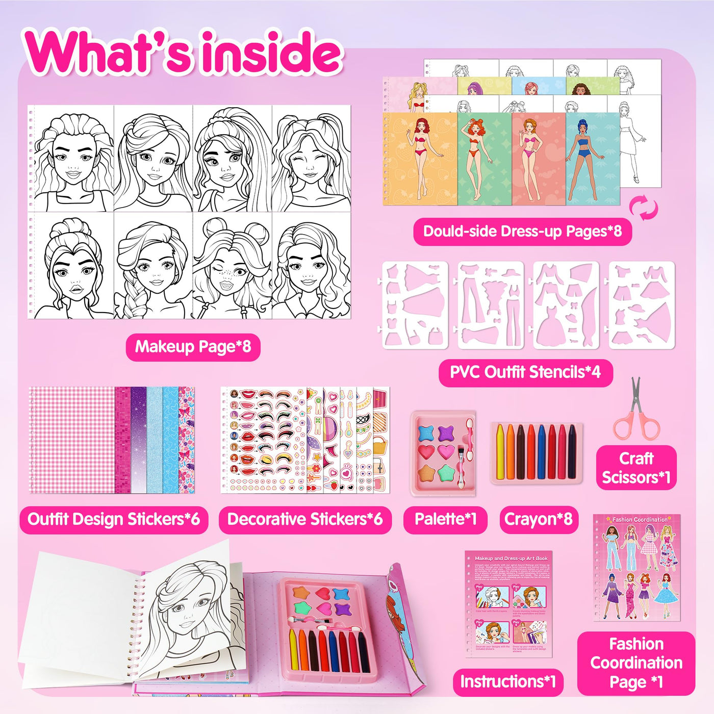 Mocoosy Make-up-Bastelset für Mädchen Alter 4–8 Jahren, Make-up Ausmalen Aktivitätsbuch mit Aufklebern,Papier-Anzieh und Schminke Spiel Spielzeug Geschenke für 4 5 6 7 jährige Mädchen Kunst Handwerk