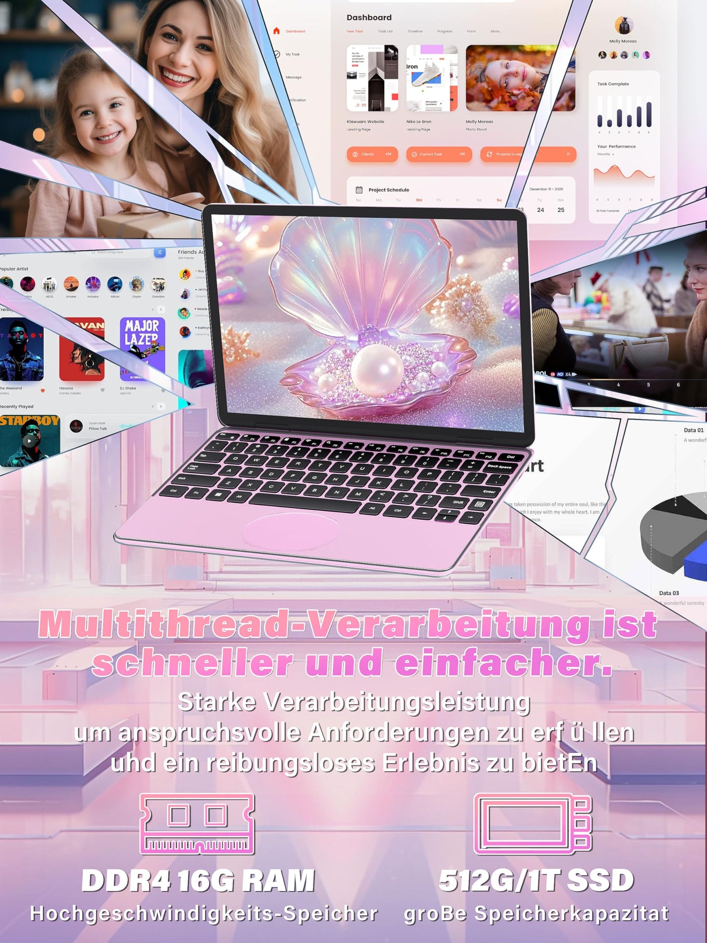 Fsjun 11-Zoll-Pink 2-in-1 Touchscreen-Laptop, N100(Beat N95 N5095), 16GB RAM, 1TB SSD, FHD IPS, Hintergrundbeleucht Tastatur,Wi-Fi, Type-C, HDMI,Leicht, tragbar (16G+1T)
