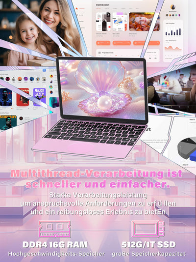 Fsjun 11-Zoll-Pink 2-in-1 Touchscreen-Laptop, N100(Beat N95 N5095), 16GB RAM, 1TB SSD, FHD IPS, Hintergrundbeleucht Tastatur,Wi-Fi, Type-C, HDMI,Leicht, tragbar (16G+1T)
