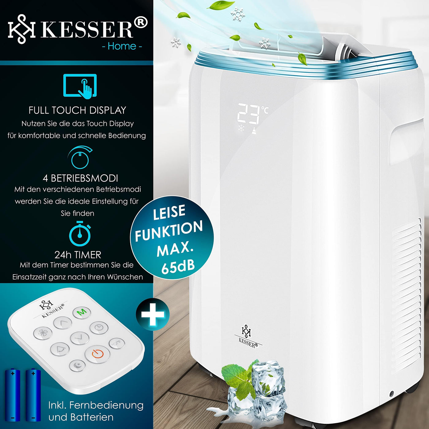 KESSER® Klimaanlage Mobil Klimagerät 4in1 kühlen, Luftentfeuchter, lüften, Ventilator - 9000 BTU/h (2.600 Watt) 2,7KW - Klima, Fernbedienung und Timer, Nachtmodul, Weiß