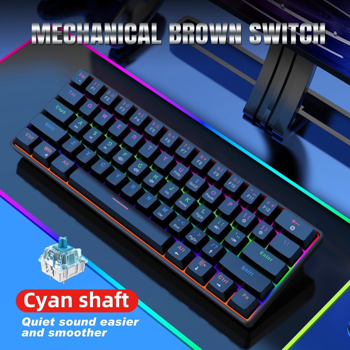 Snpurdiri 60% kabelgebundene Mechanische Gaming Tastatur, Anti-Ghosting 61 Tasten, RGB-Hintergrundbeleuchtung, Ultrakompakter Blauer Schalter, Doppelfuß, Schwarz