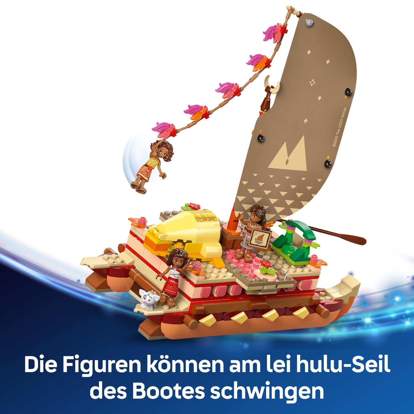 LEGO ǀ Disney Vaiana 2: Vaianas Abenteuerfloß - Spielzeug Boot mit Textilsegel, abnehmbarem Deck, Lagerfeuer & 3 Minifiguren, inkl. Loto und Moni – Geschenk für Mädchen ab 6 Jahren & Fans – 43270