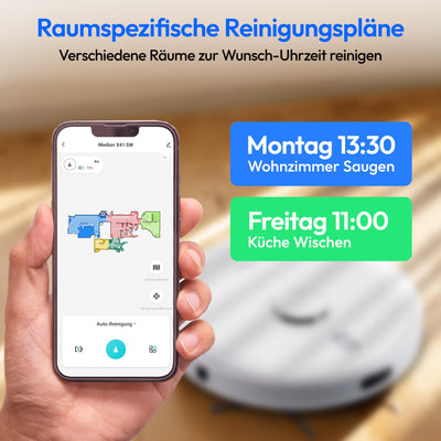 MEDION Saugroboter mit Lasernavigation und Wischfunktion X41 SW (Starke 8000Pa Saugkraft, 2in1 Roboterstaubsauger, präzise Kartenerstellung, Go & No Go Bereiche, mehrere Etagen)