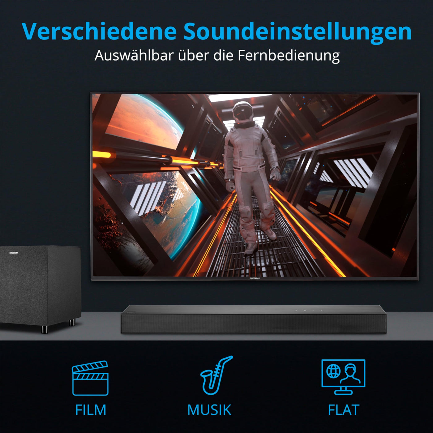 MEDION S61022 3.1 Dolby Atmos Soundbar mit kabellosen Subwoofer (für TV Geräte, Bluetooth 5.3, HDMI eARC CEC, optischer Eingang, AUX, 3 x 20 W + 60 W (RMS) Subwoofer kabellos, Fernbedienung