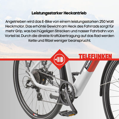 TELEFUNKEN E-Bike 28 Zoll Fahrrad für Herren XT490 | Trekking Pedelec mit 8-Gang Kettenschaltung & Scheibenbremsen | Elektrofahrrad mit 250 W Heckmotor & integriertem 417,6 Wh Li-Ion-Akku | Kreide