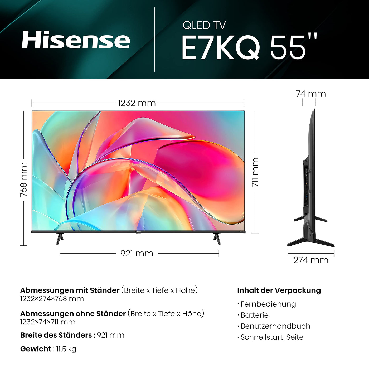 Hisense 55E7KQ QLED Smart TV 139 cm (55 Zoll), 4K, HDR10, HDR10+ decoding, HLG, Dolby Vision, DTS Virtual, 60Hz Panel, Bluetooth, Alexa Built-in, VIDAA Voice, schwarz