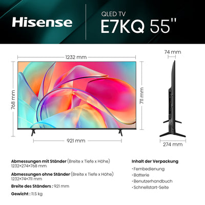 Hisense 55E7KQ QLED Smart TV 139 cm (55 Zoll), 4K, HDR10, HDR10+ decoding, HLG, Dolby Vision, DTS Virtual, 60Hz Panel, Bluetooth, Alexa Built-in, VIDAA Voice, schwarz