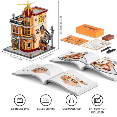 FUNWHOLE Steampunk Flugclub Beleuchtetes Baustein-Set - 1858 Teile Modularer Baukasten Sammler-Set für Erwachsene und Jugendliche