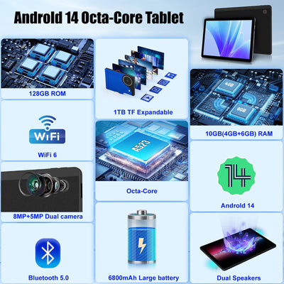 Fullant Tablet 11 Zoll, Android 14 Tablet with Octa Core 2.0GHz Prozessor, 10GB RAM 128GB ROM 1TB TF, 5G+2.4G WiFi 6, 8+5MP Dual Kamera, 6800mAh Akku, Bluetooth 5.0 (Schwarz)