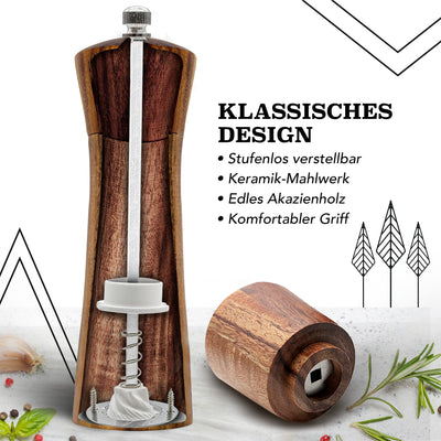 Schwarzwald Spirit Salz und Pfeffermühle Holz Klein (16,5 cm) - 2er Set mit Pfeffer und Salzmühle - Gewürzmühle mit Keramikmahlwerk inkl. Reinigungspinsel, Rezeptbuch - Küchenhelfer Geschenkidee