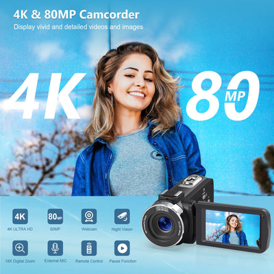 Videokamera 4K 80MP Camcorder für YouTube,30FPS Webcam IR Nachtsicht Vlogging Kamera,18X Digitalzoom 3,0 270°IPS Bildschirm Video Camera mit SD Karte, 2 Batterien, Fernbedienung, und Handstabilisator