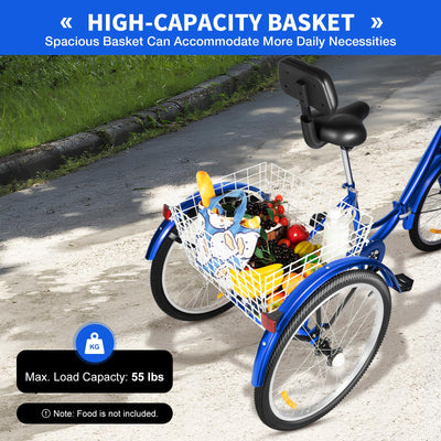 Taozhiyy 24 Zoll Dreirad Erwachsene, Faltbar 3 Rad Fahrrad, 7 Speed 3 Räder Cruise Bike mit Korb Rückenlehne, Trike Tricycle Scheibenbremse Belastung 120kg (Blau)