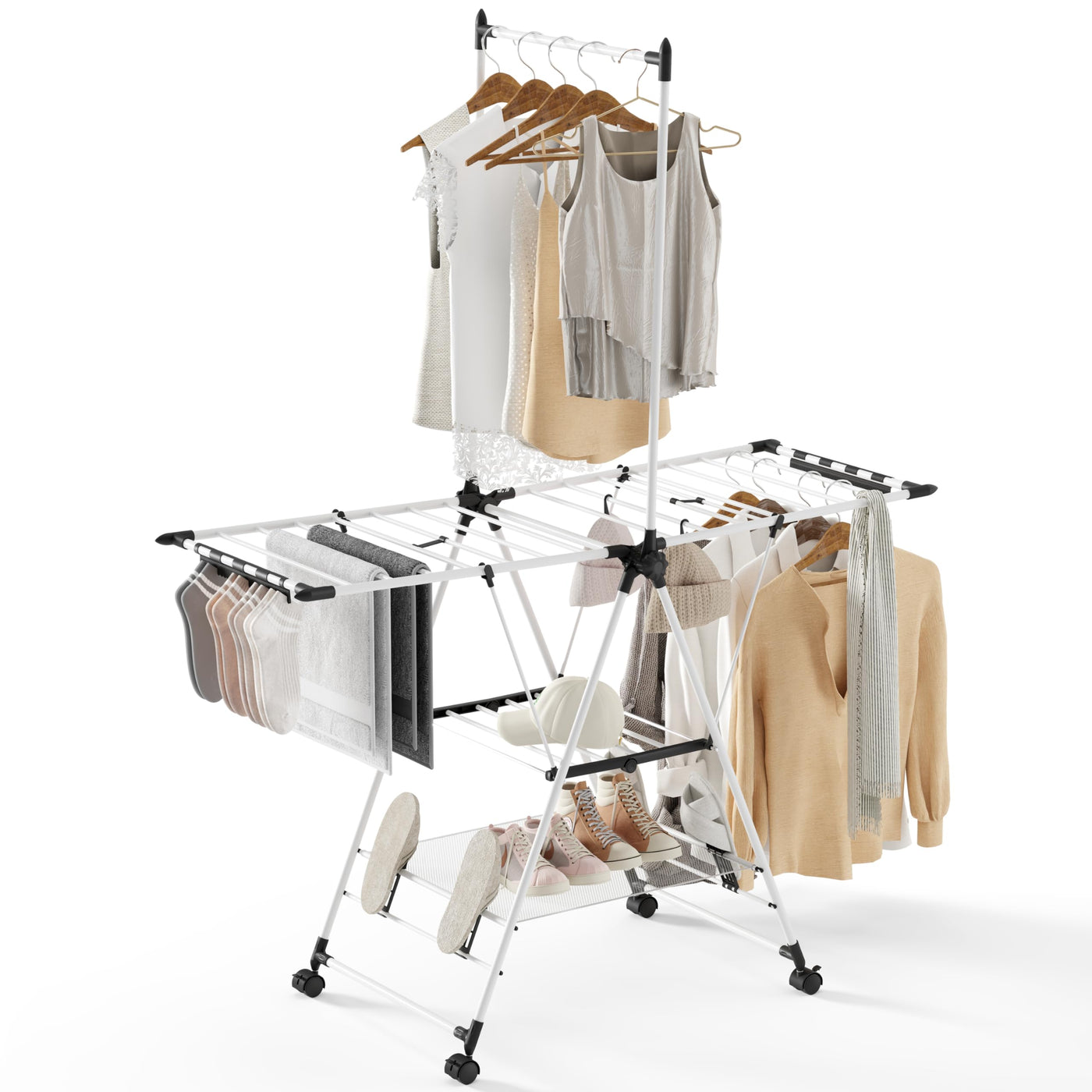 SYKIARIOL Wäscheständer mit hoch hängenden Kleiderbügeln, 2 Etagen Zusammenklappbarer Flügelwäschetrockner für platzsparende Aufbewahrung, Wäscheständer klappbar mit höhenverstellbaren Gullwings