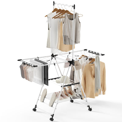 SYKIARIOL Wäscheständer mit hoch hängenden Kleiderbügeln, 2 Etagen Zusammenklappbarer Flügelwäschetrockner für platzsparende Aufbewahrung, Wäscheständer klappbar mit höhenverstellbaren Gullwings