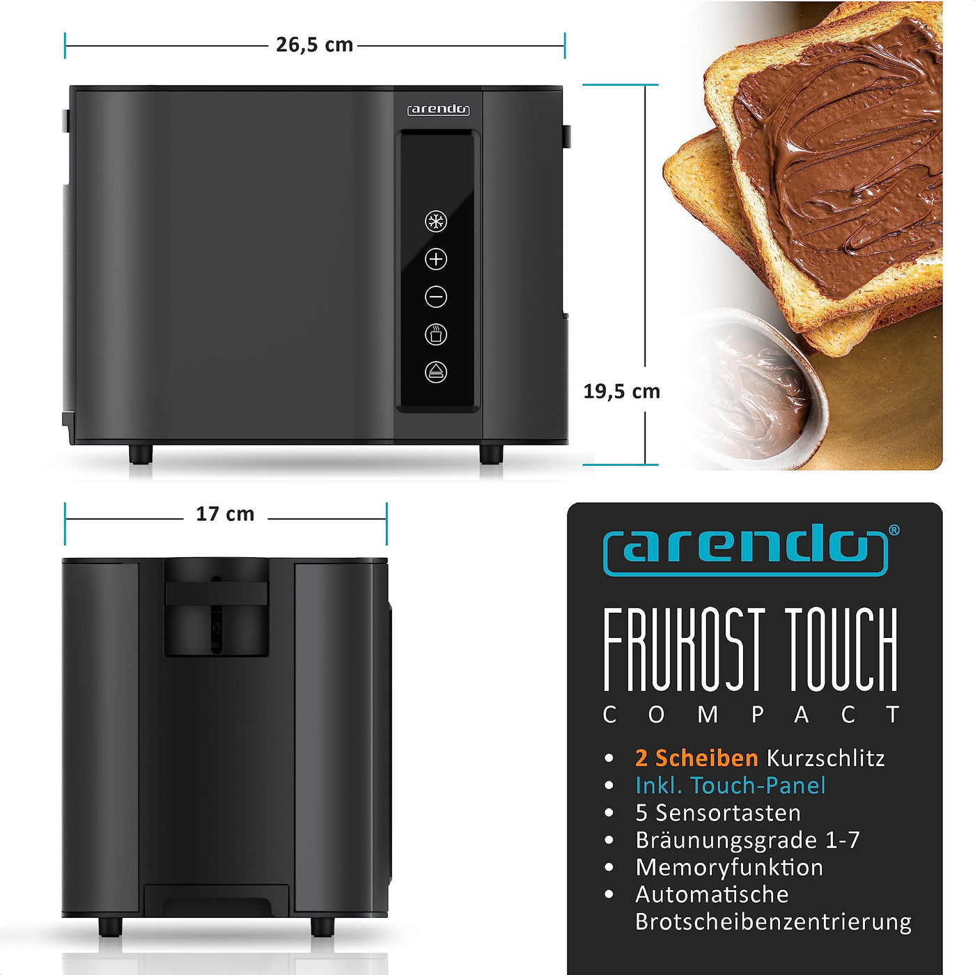 Arendo - Touch Toaster 2 Scheiben Edelstahl - Touchpanel - digital Display Restzeitanzeige - 800 W – Doppelwandgehäuse – mit Brötchenaufsatz – 7 Bräunungsgrade – Brotscheibenzentrierung - Schwarz