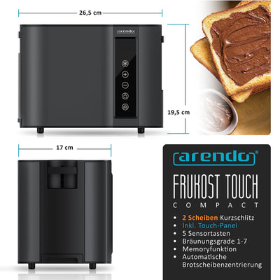 Arendo - Touch Toaster 2 Scheiben Edelstahl - Touchpanel - digital Display Restzeitanzeige - 800 W – Doppelwandgehäuse – mit Brötchenaufsatz – 7 Bräunungsgrade – Brotscheibenzentrierung - Schwarz