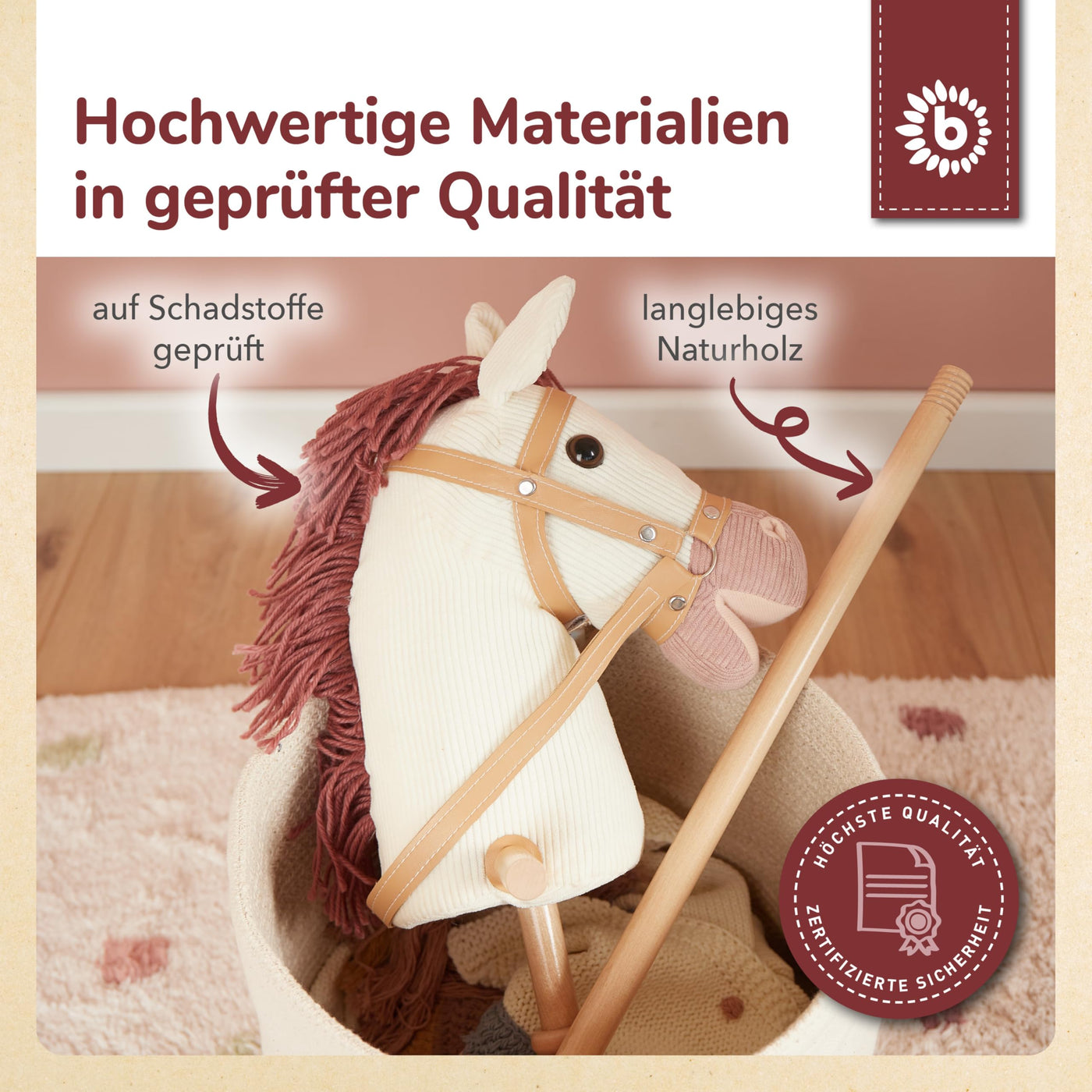 Bieco Steckenpferd Kinder Ginger | Hobby Horse Pferde | Steckenpferd Rollen | Steckenpferd Holz Pferd Stab | Stock Pferde Schöne Steckenpferde für Kinder Stockpferd Kleinkind