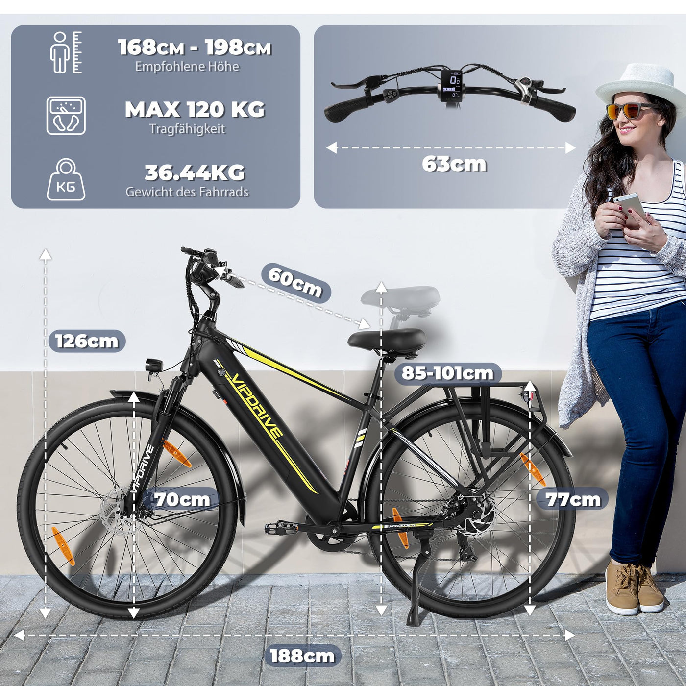 Vipdrive E Bike 28 Zoll, E-Bike Damen Herren, Electric Bike mit 48V 15Ah Batterie, 3 PAS & Tempomat Modus, 7-Gang mit LCD-Display, 250W Motor & 85NM, up to 100km(Navigator 1.1 Black)