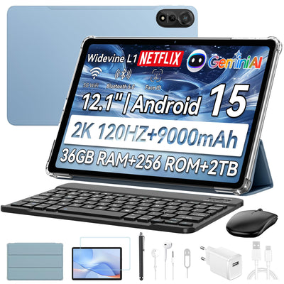 Blackview Mega2 Android 15 Tablet 12 Zoll, 36GB RAM+256GB ROM, 2K FHD Gaming Tablet mit Tastatur Maus Stift Kopfhörer, 4G LTE+5G WiFi, 9000 mAh, WideVine L1, Dual Kamera, Face ID, GPS, Hülle