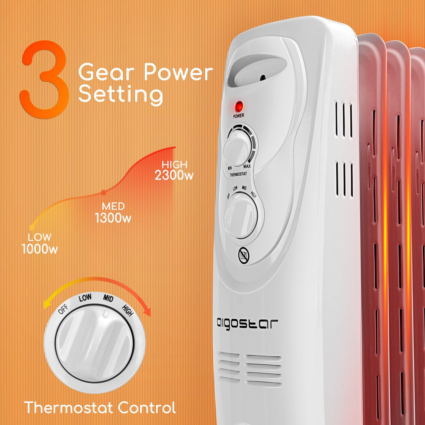 Aigostar Pangpang - 2300W Ölradiator energiesparend Heizkörper mit 11 Rippen, Radiatoren Elektrisch Heizung mit Thermostat, 3 Heizstufen, Elektroheizung Mobiler Ölgefüllte Heizkörper