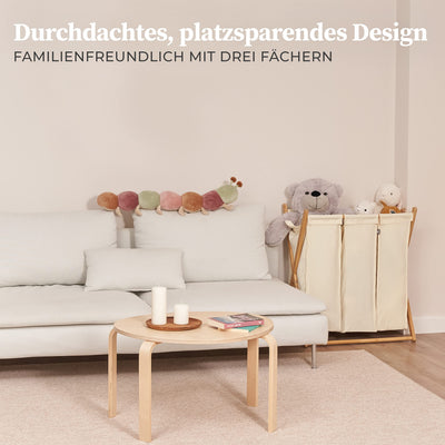 Hennez Wäschesammler XXL - Wäschekorb 3 Fächer - Wäschesortierer Wäschebox - Holz - Wäschetrenner Beige - Wäsche Sortiersystem Bambus - Wäschkorb - Laundry Basket