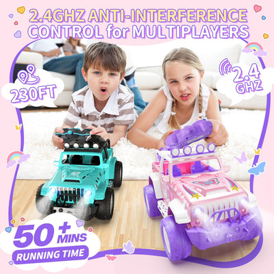 DEERC Pink Ferngesteuertes Auto für Mädchen mit Nebel und Musik, 1:16 RC Auto mit LED-Lichtern für Kinder, All-Terrain SUV Truck Geschenke, Geländewagen Spielzeugauto, Mädchen Spielzeug DE86-PI-DE4