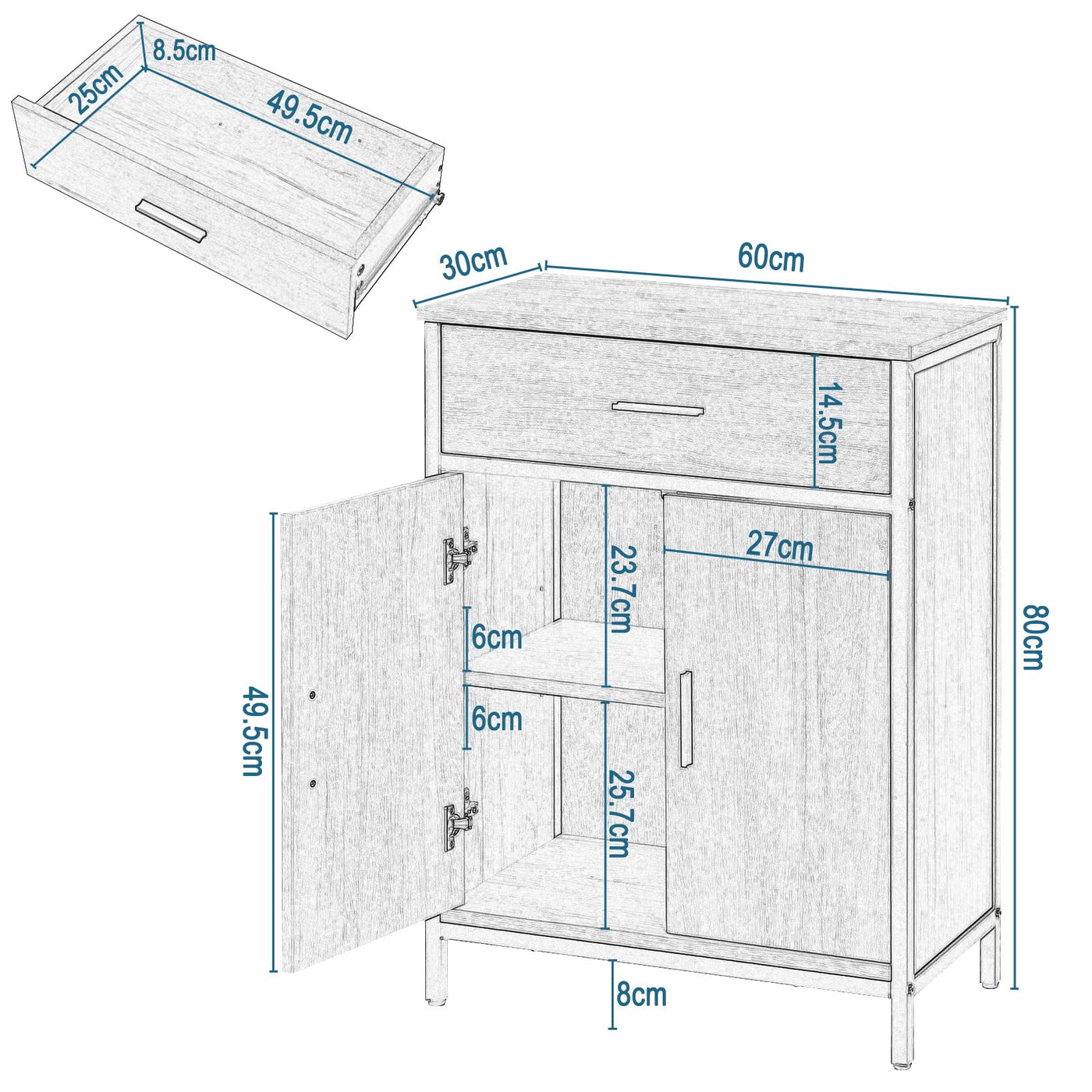 EUGAD Badezimmerschrank mit 1 Schublade 2 Türen, freistehender Badschrank, Badkommode mit verstellbarem Regal, Aufbewahrungsschrank für Wohnzimmer Küche Flur, 60x80x30 cm