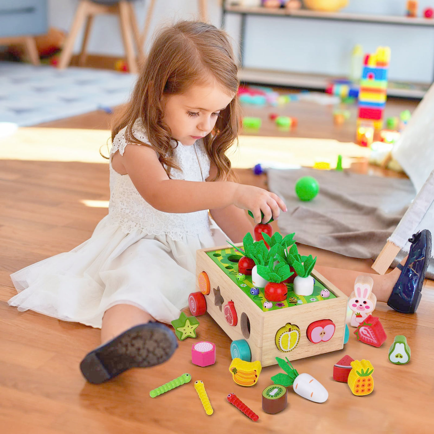 KMTJT Kinder Montessori Spielzeug ab 1 2 3 Jahr | 7-in-1 Holzspielzeug 2 Jahre | Steckspiel Sortierspiel Holzpuzzle Karottenernte | Lernspielzeug Geschenk für Mädchen Jungen Kinder Kleinkind